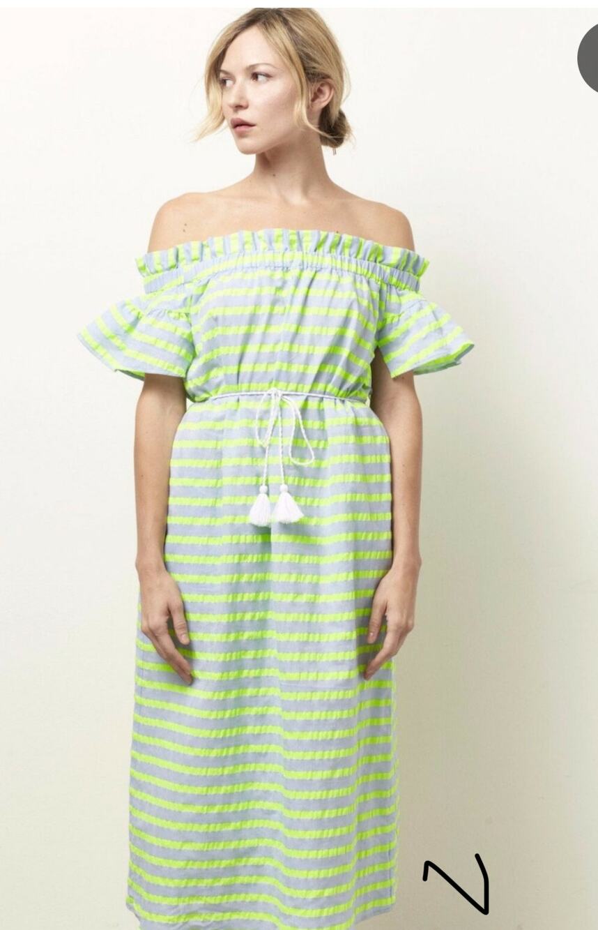 Corey Lynn Calter Biata Off the Shoulder Midi Dress Blue Gray Lime Green S